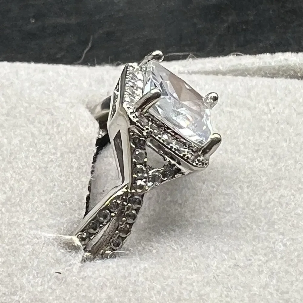 Princess Cut Solitaire Engagement Ring -Sterling Silver- Cubic Zirconia Sz 7